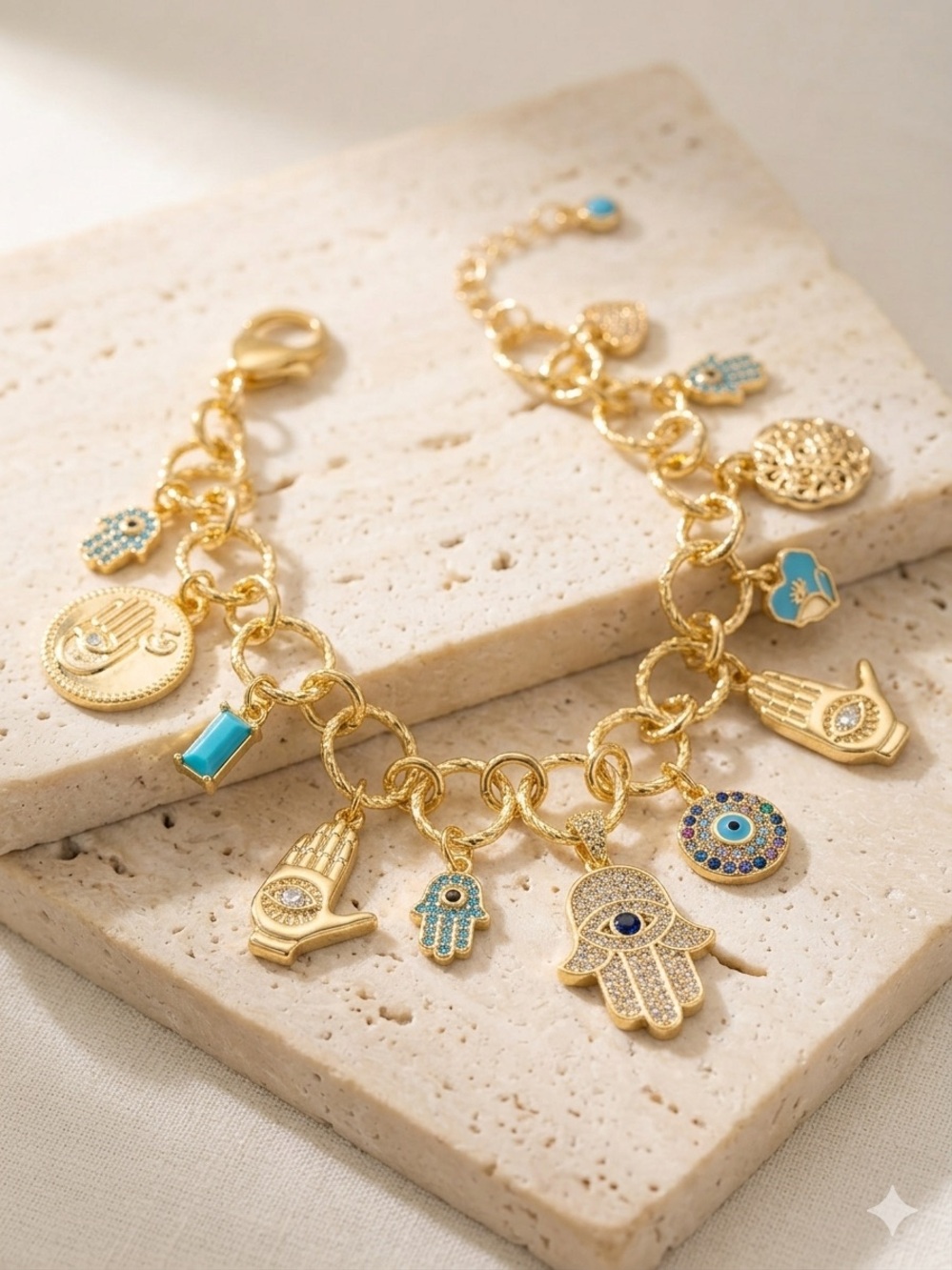 14k Gold - Filled Hamsa & Evil Eye Charm Bracelet with Turquoise Accents